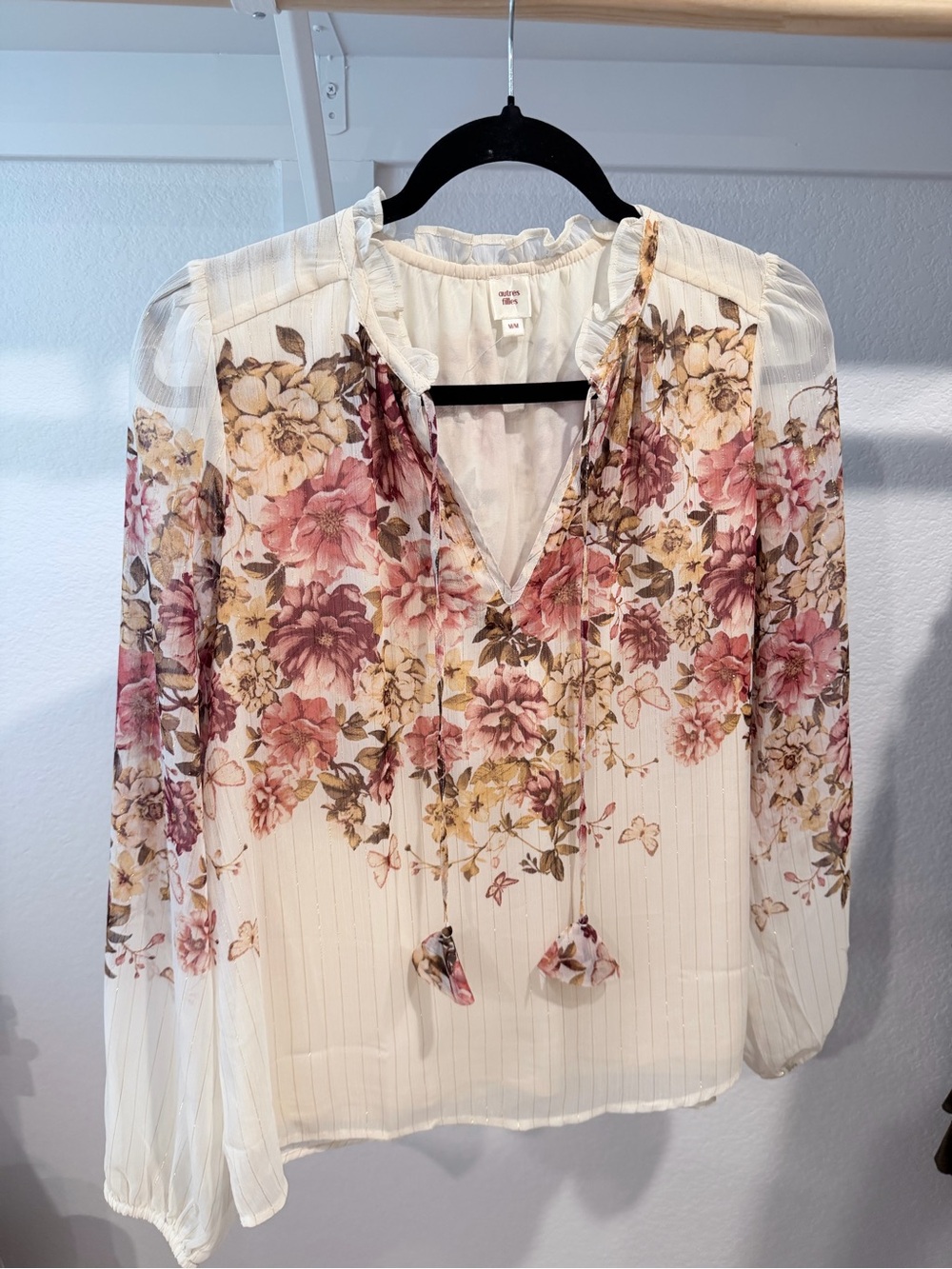 Tie-Neck Floral Blouse in White with Pink & Brown Floral